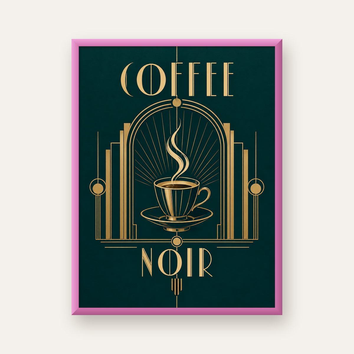 Art Deco Kahve Poster – Altın Detaylı Şık Duvar Dekoru — pembe çerçeveli