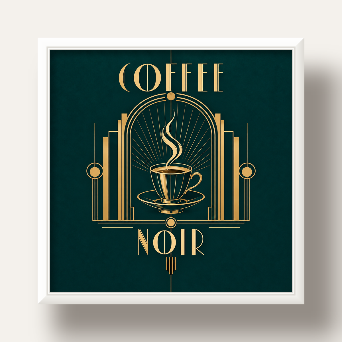 Art Deco Kahve Poster – Altın Detaylı Şık Duvar Dekoru — beyaz derin çerçeveli