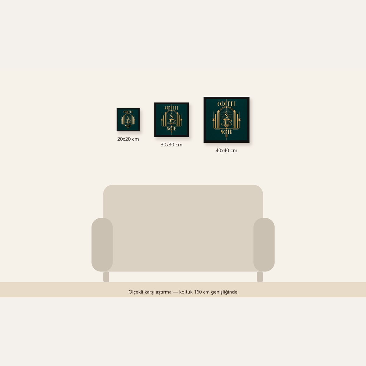 Art Deco Kahve Poster – Altın Detaylı Şık Duvar Dekoru — Kare ölçülerinin karşılaştırması
