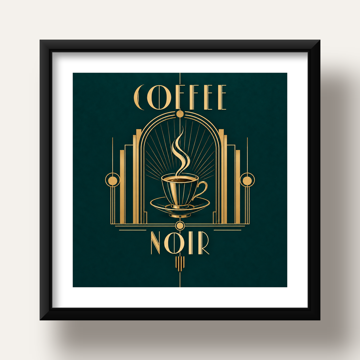 Art Deco Kahve Poster – Altın Detaylı Şık Duvar Dekoru — siyah derin çerçeveli paspartulu