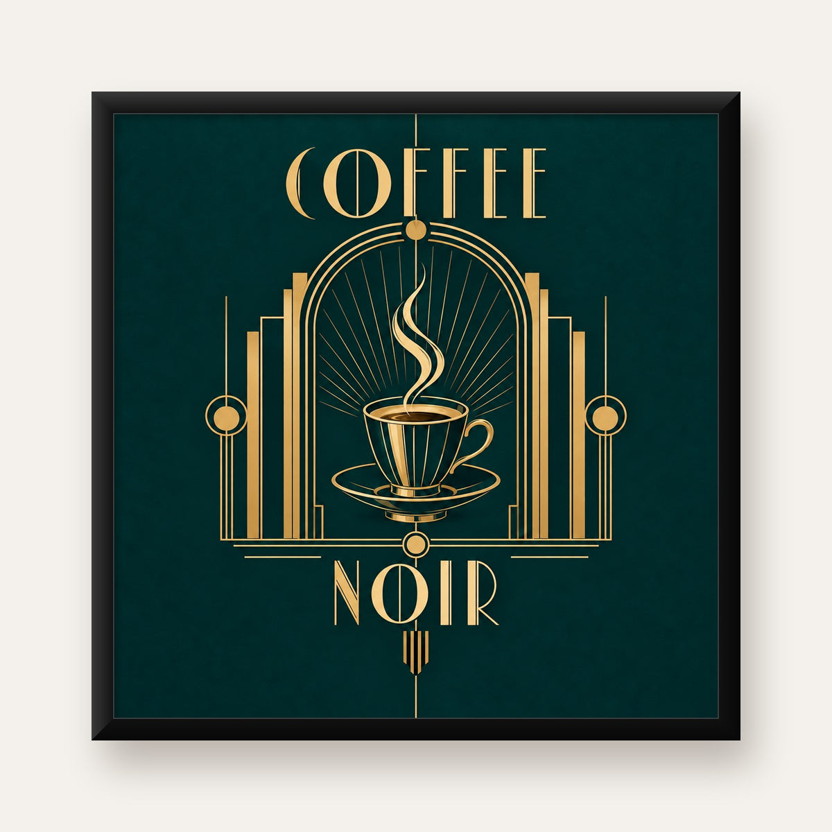 Art Deco Kahve Poster – Altın Detaylı Şık Duvar Dekoru — Kare baskı, düz siyah çerçeveli duvar posteri