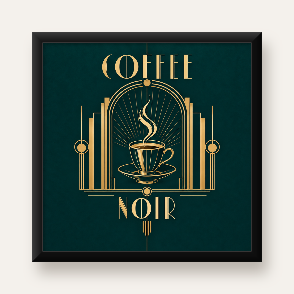 Art Deco Kahve Poster – Altın Detaylı Şık Duvar Dekoru — Kare baskı, düz siyah çerçeveli duvar posteri
