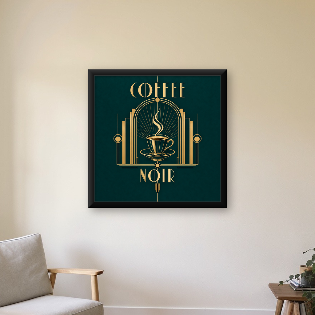 Art Deco Kahve Poster – Altın Detaylı Şık Duvar Dekoru — Kare baskı, çerçeveli hâliyle bir ev duvarında