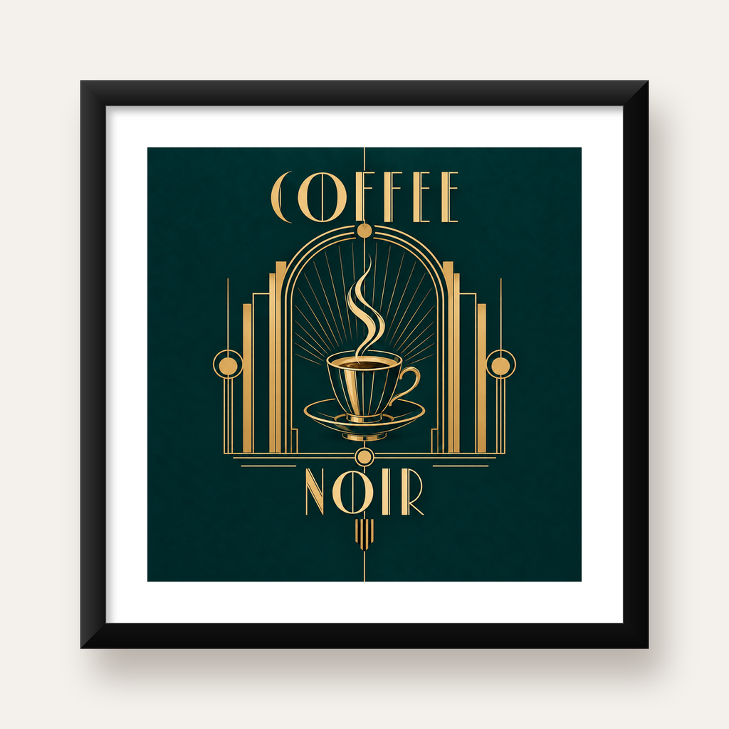 Art Deco Kahve Poster – Altın Detaylı Şık Duvar Dekoru — Kare baskı, beyaz paspartulu