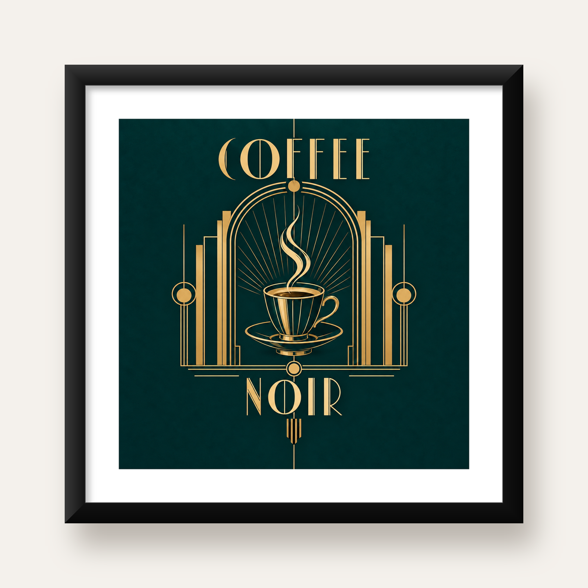 Art Deco Kahve Poster – Altın Detaylı Şık Duvar Dekoru — Kare baskı, beyaz paspartulu
