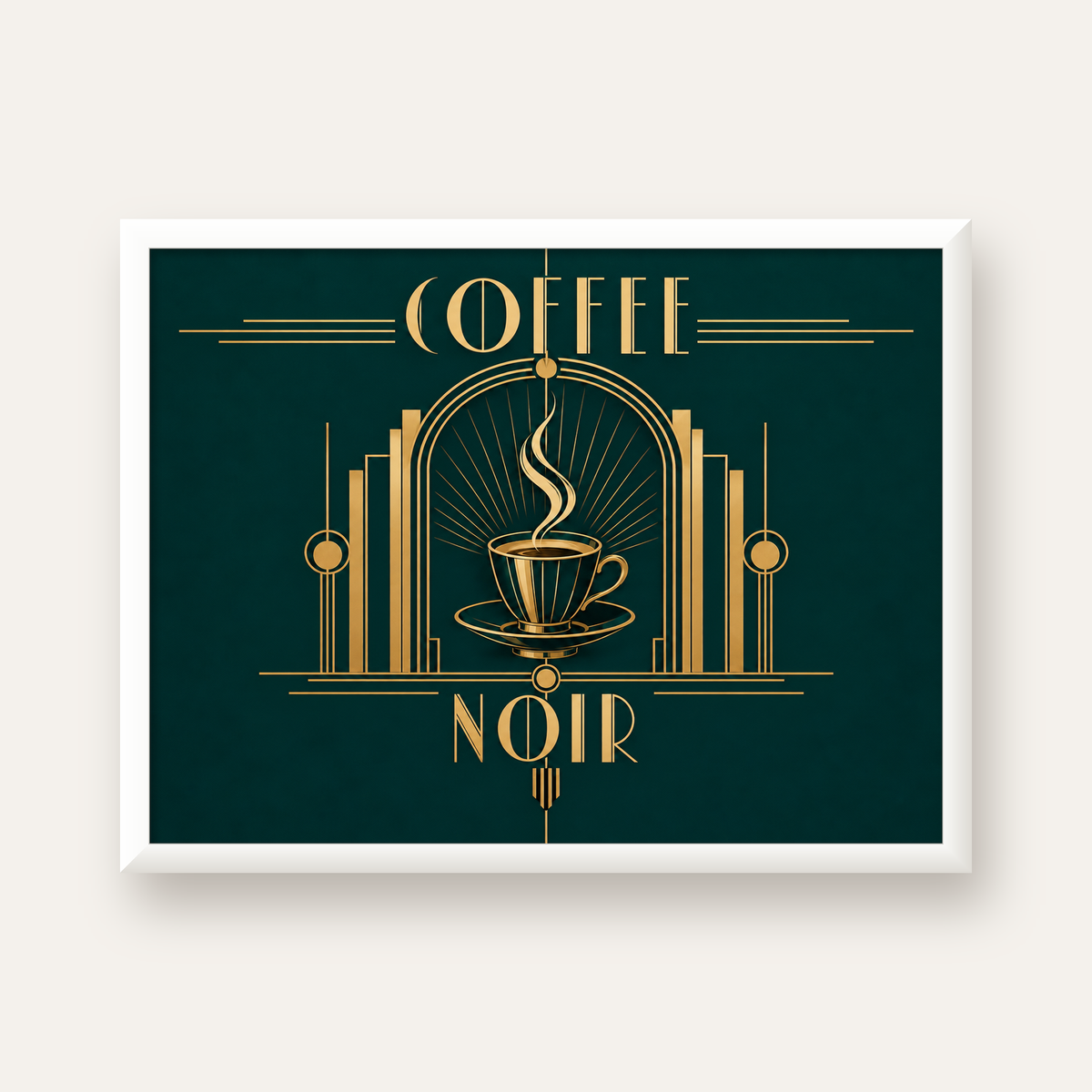 Art Deco Kahve Poster – Altın Detaylı Şık Duvar Dekoru — beyaz çerçeveli yatay poster