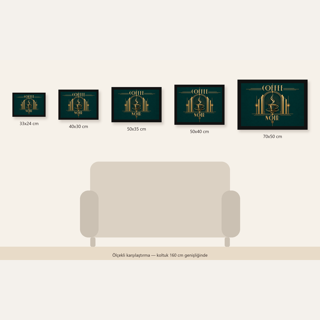 Art Deco Kahve Poster – Altın Detaylı Şık Duvar Dekoru — Yatay ölçülerinin karşılaştırması