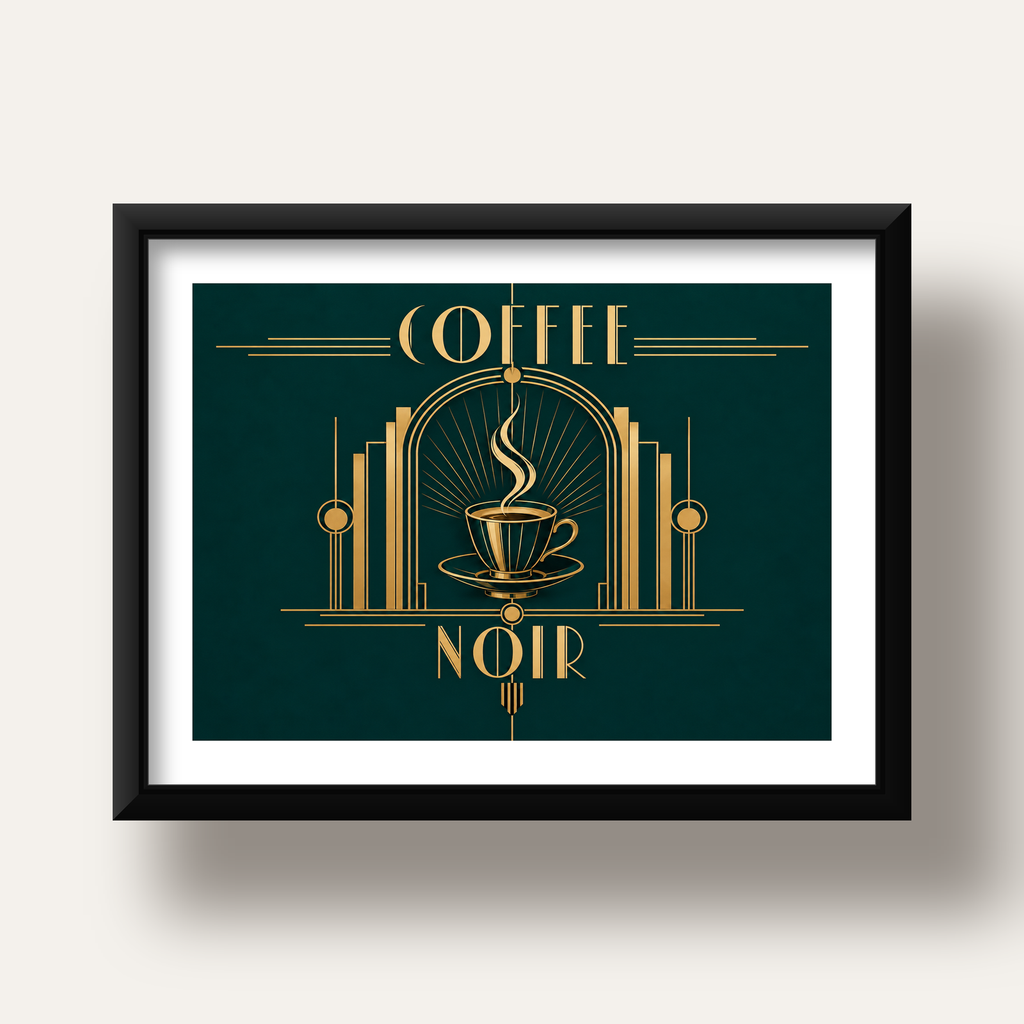 Art Deco Kahve Poster – Altın Detaylı Şık Duvar Dekoru — siyah derin çerçeveli paspartulu