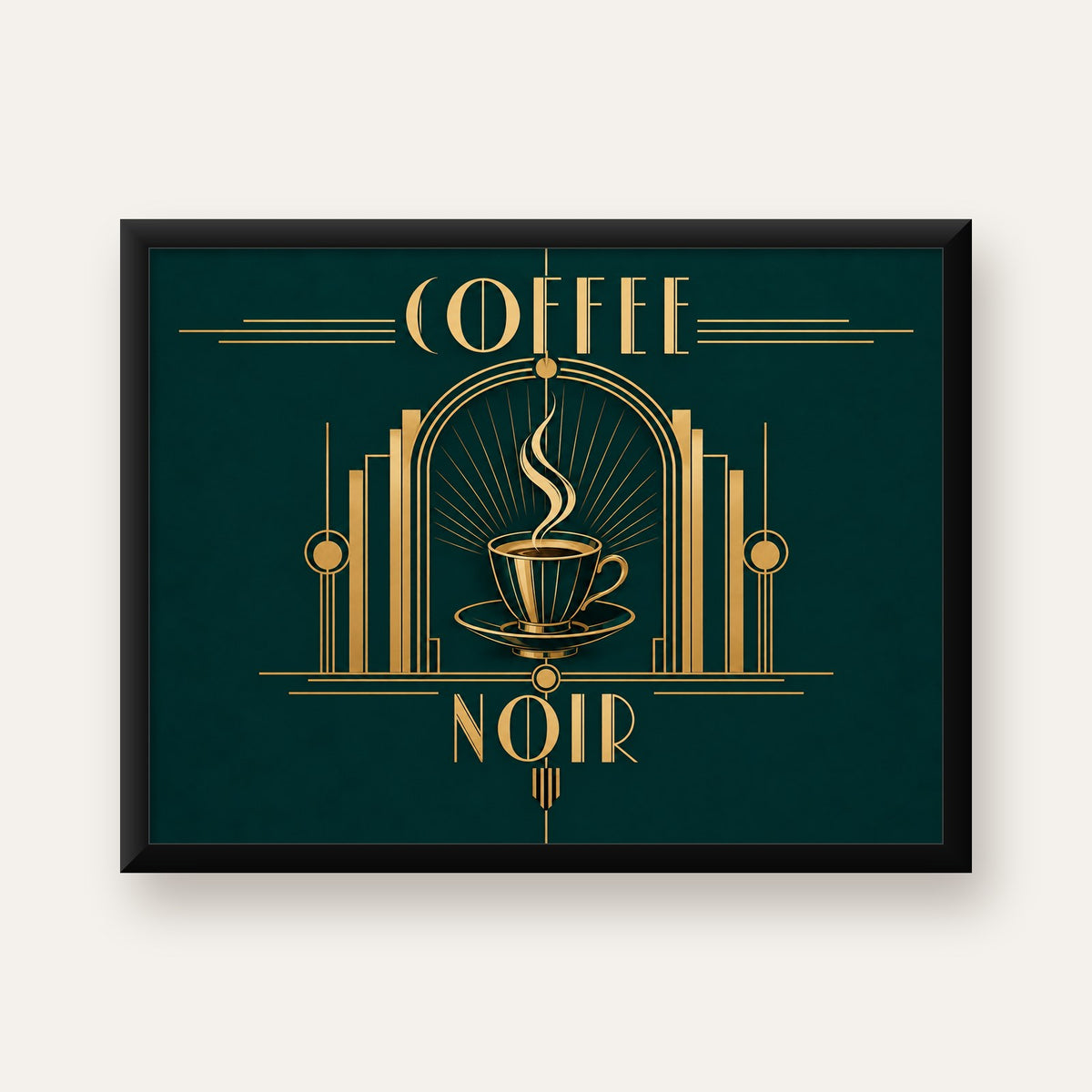 Art Deco Kahve Poster – Altın Detaylı Şık Duvar Dekoru — Yatay baskı, düz siyah çerçeveli duvar posteri