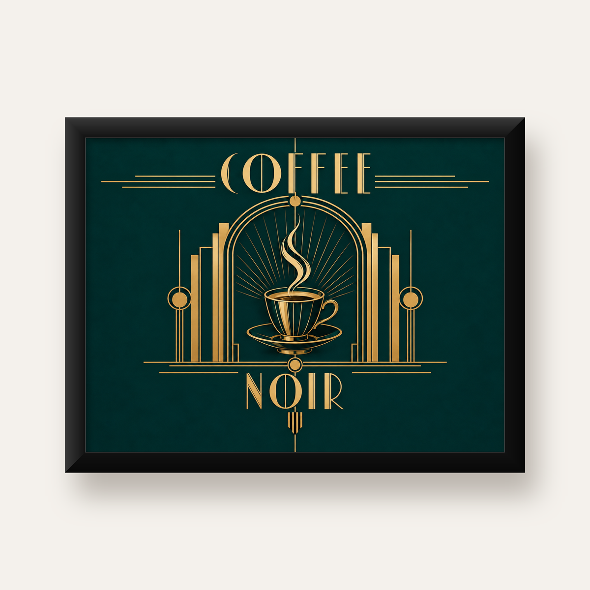 Art Deco Kahve Poster – Altın Detaylı Şık Duvar Dekoru — Yatay baskı, düz siyah çerçeveli duvar posteri