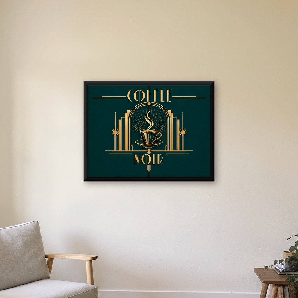 Art Deco Kahve Poster – Altın Detaylı Şık Duvar Dekoru — Yatay baskı, çerçeveli hâliyle bir ev duvarında