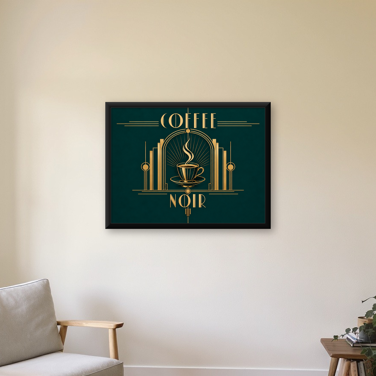 Art Deco Kahve Poster – Altın Detaylı Şık Duvar Dekoru — Yatay baskı, çerçeveli hâliyle bir ev duvarında