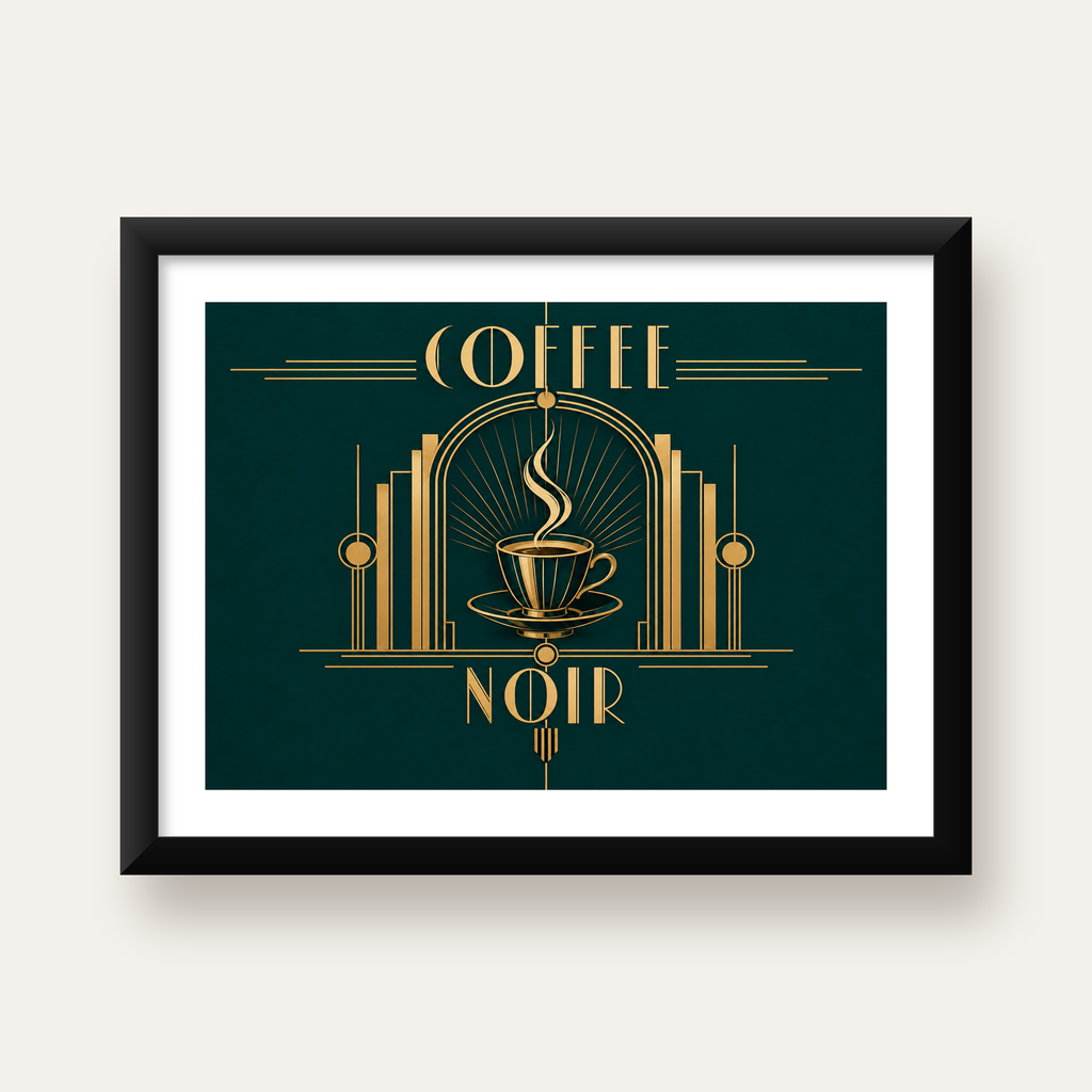 Art Deco Kahve Poster – Altın Detaylı Şık Duvar Dekoru — Yatay baskı, beyaz paspartulu