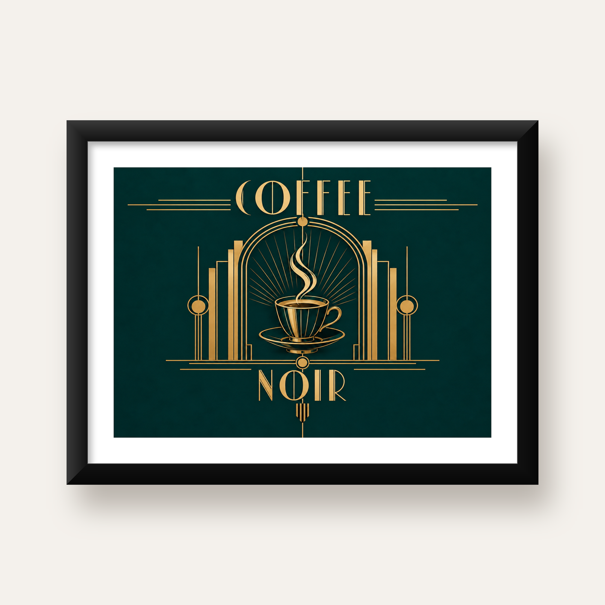 Art Deco Kahve Poster – Altın Detaylı Şık Duvar Dekoru — Yatay baskı, beyaz paspartulu