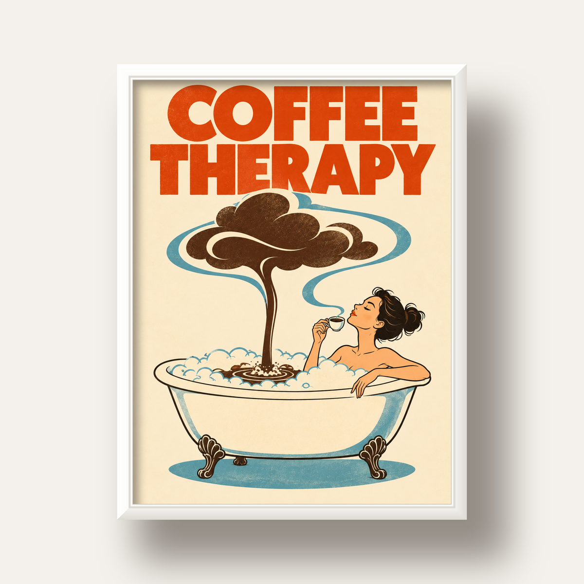 Coffee Therapy Küvette Kahve Keyfi Retro Poster — beyaz derin çerçeveli