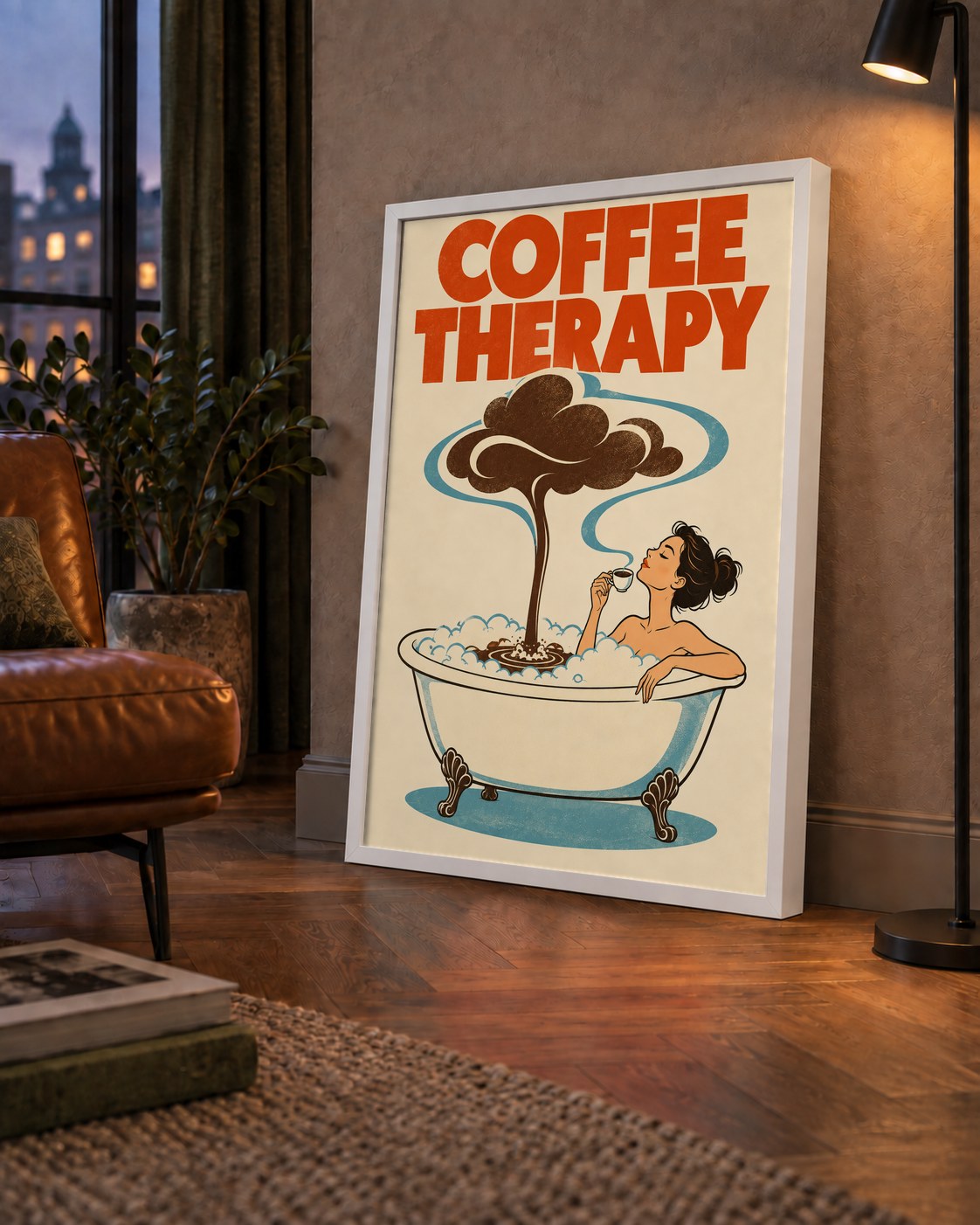 Coffee Therapy Küvette Kahve Keyfi Retro Poster — çerçeveli hâliyle bir ev duvarında