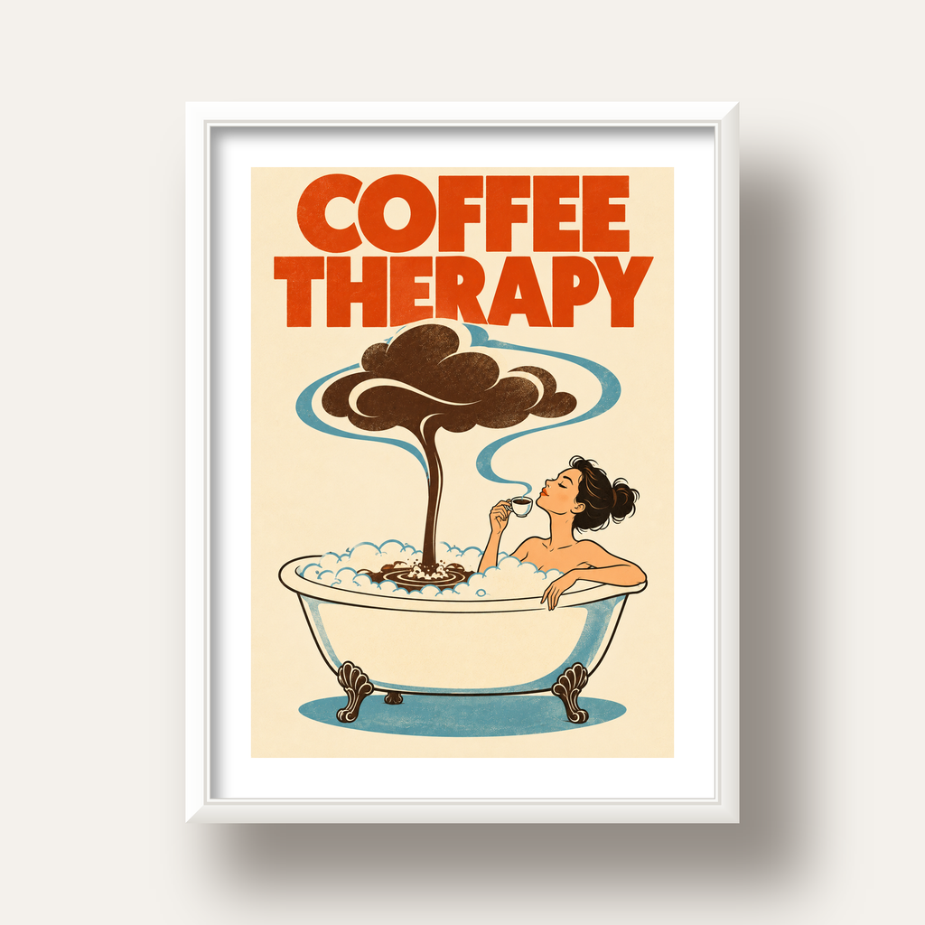 Coffee Therapy Küvette Kahve Keyfi Retro Poster — beyaz derin çerçeveli paspartulu
