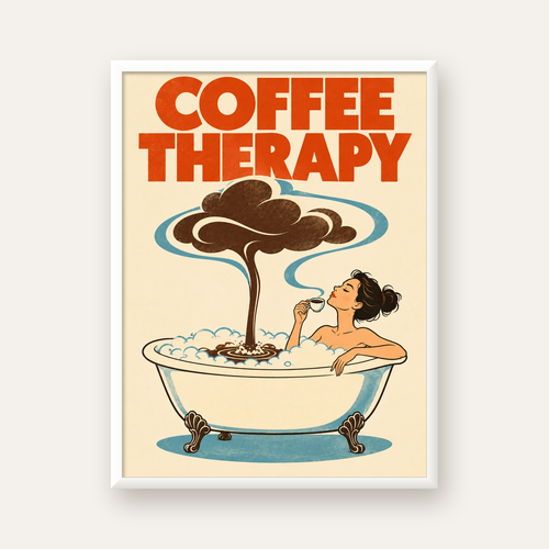 Coffee Therapy Küvette Kahve Keyfi Retro Poster — beyaz çerçeveli dikey poster