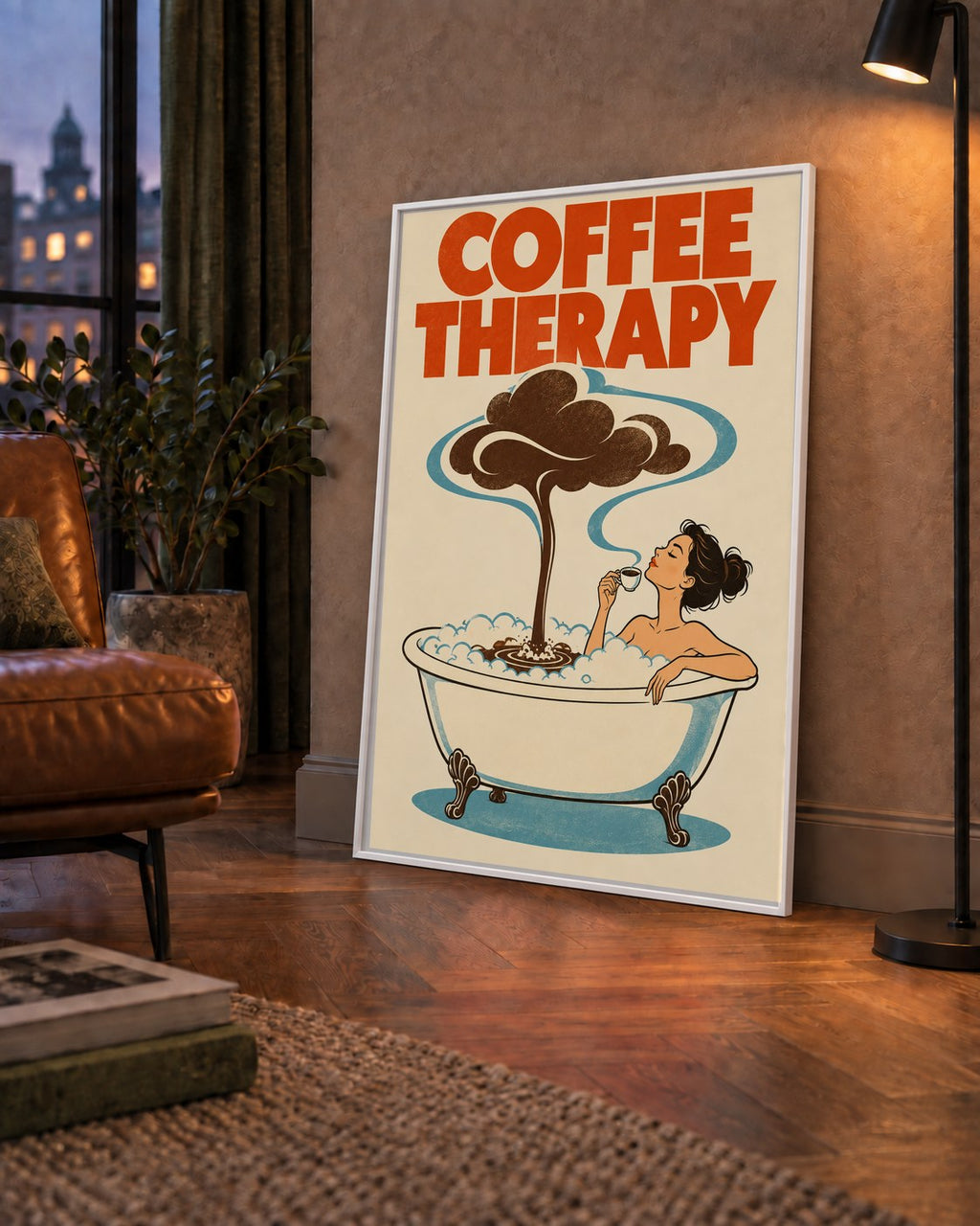 Coffee Therapy Küvette Kahve Keyfi Retro Poster — çerçeveli hâliyle bir ev duvarında