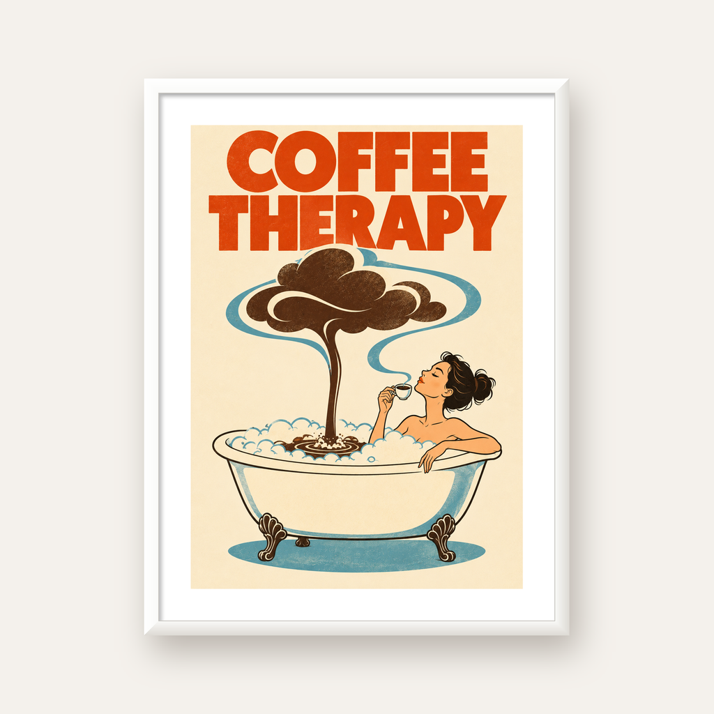 Coffee Therapy Küvette Kahve Keyfi Retro Poster — beyaz çerçeveli dikey poster