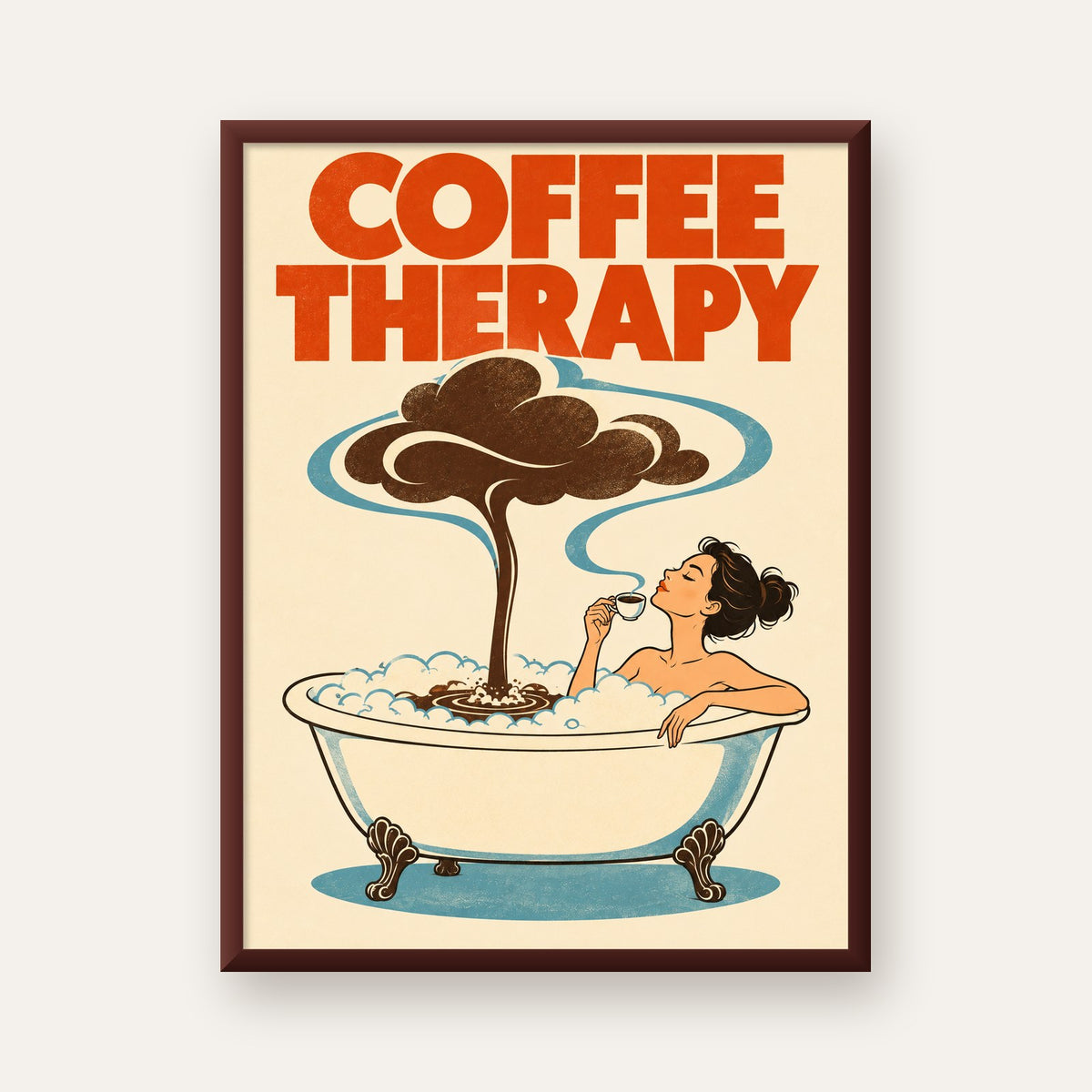 Coffee Therapy Küvette Kahve Keyfi Retro Poster — ceviz çerçeveli