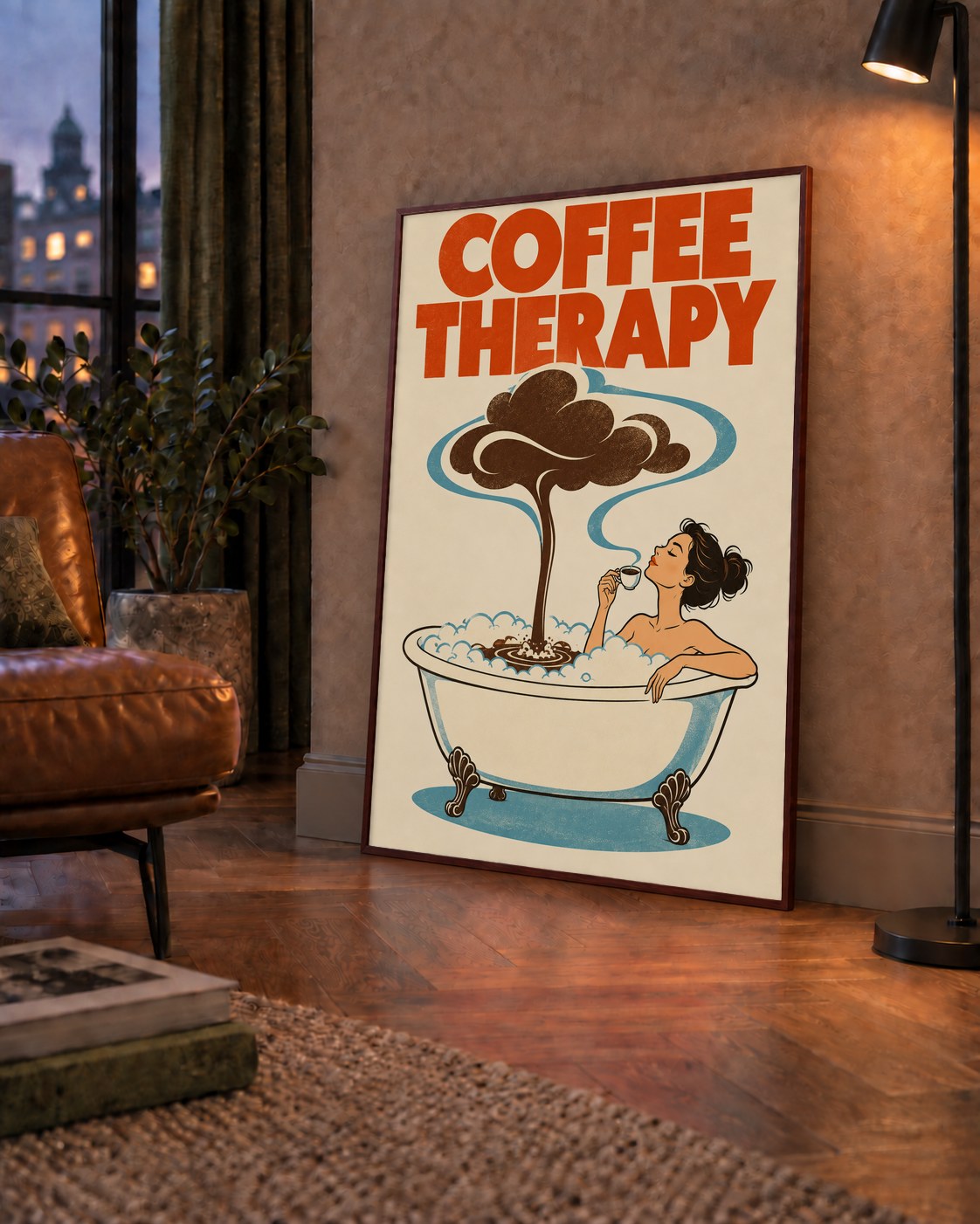 Coffee Therapy Küvette Kahve Keyfi Retro Poster — çerçeveli hâliyle bir ev duvarında