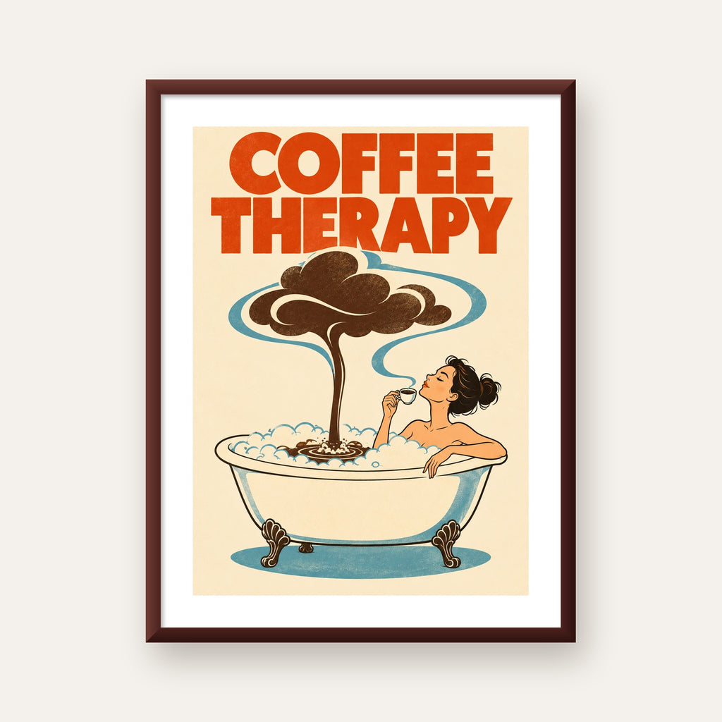 Coffee Therapy Küvette Kahve Keyfi Retro Poster — ceviz çerçeveli paspartulu