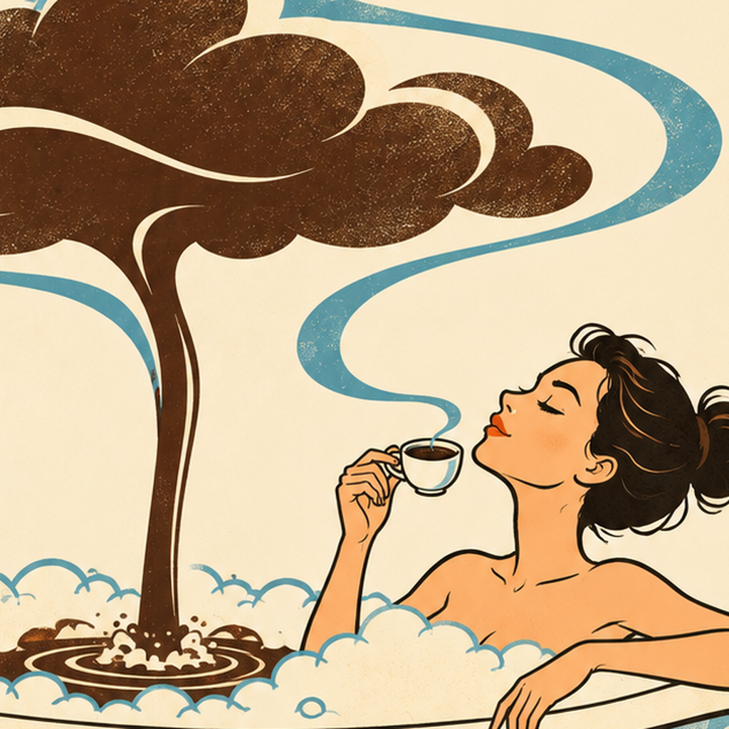 Coffee Therapy Retro Banyo & Kahve İllüstrasyon Poster — baskının yakın çekimi, kâğıt dokusu ve renk detayı