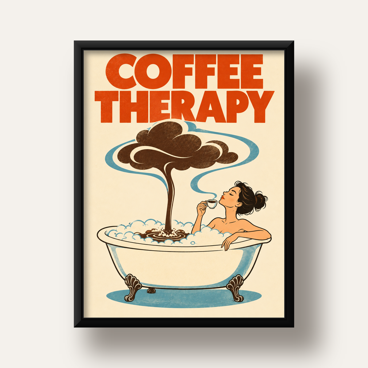Coffee Therapy Küvette Kahve Keyfi Retro Poster — siyah derin çerçeveli