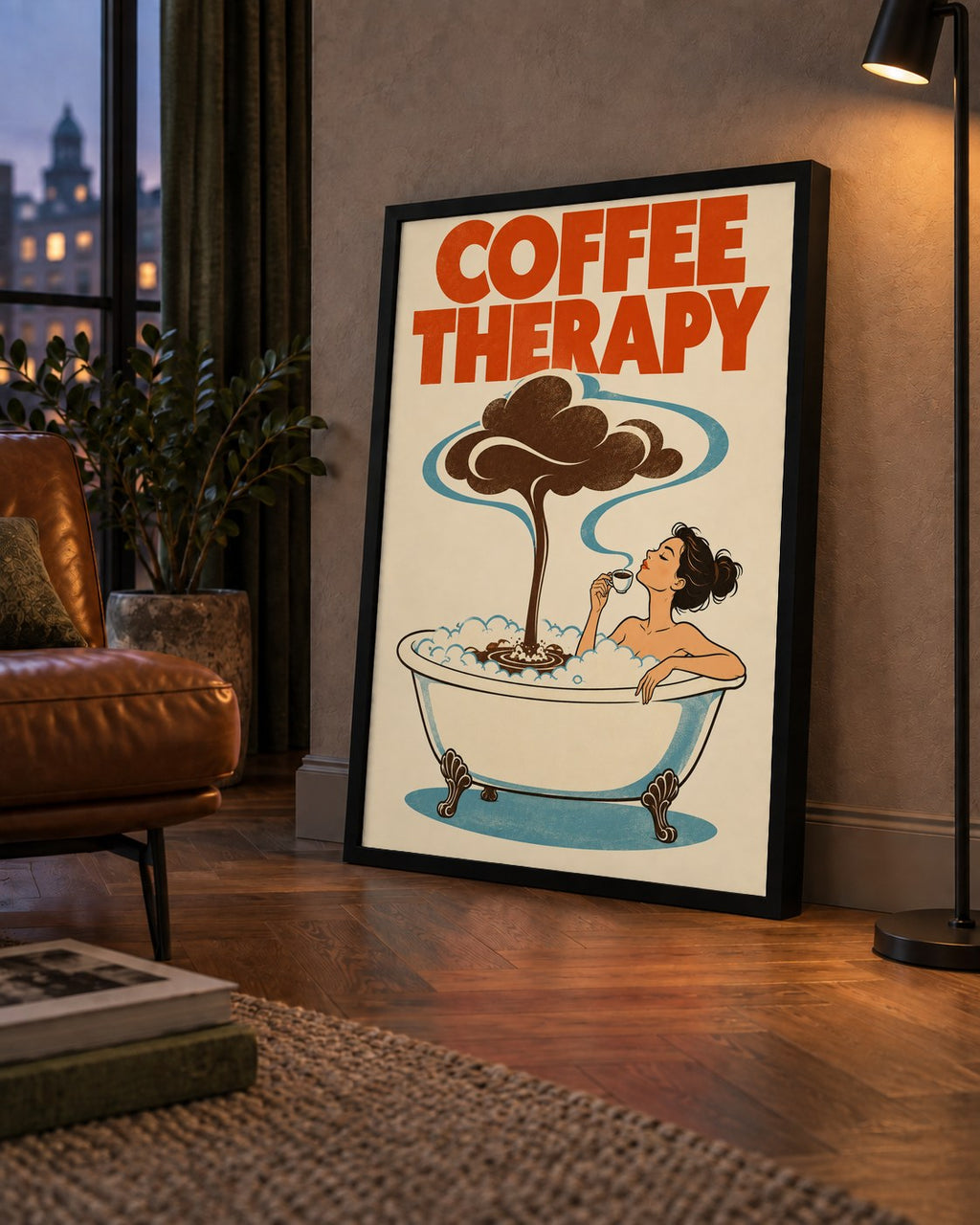 Coffee Therapy Küvette Kahve Keyfi Retro Poster — çerçeveli hâliyle bir ev duvarında