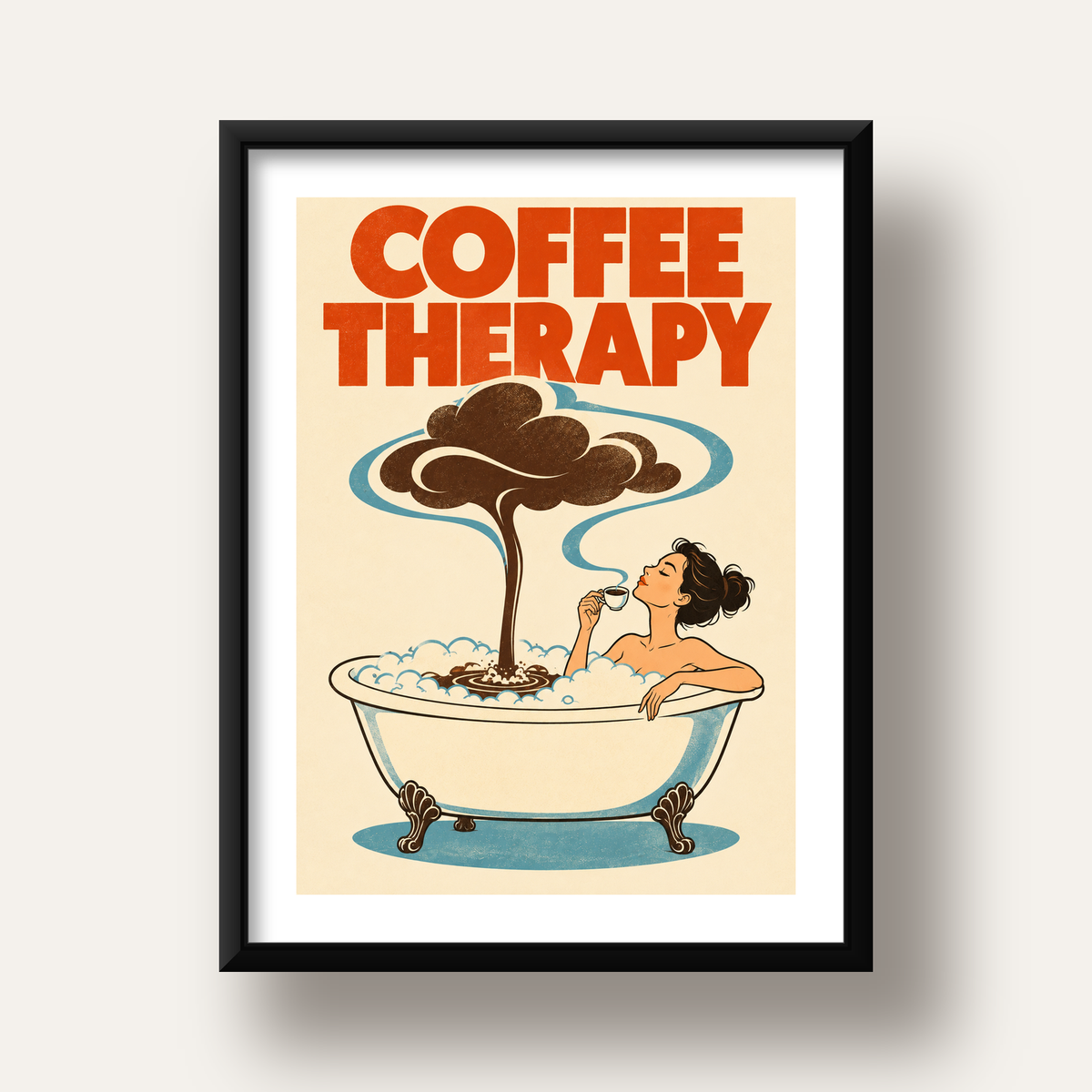 Coffee Therapy Küvette Kahve Keyfi Retro Poster — siyah derin çerçeveli paspartulu
