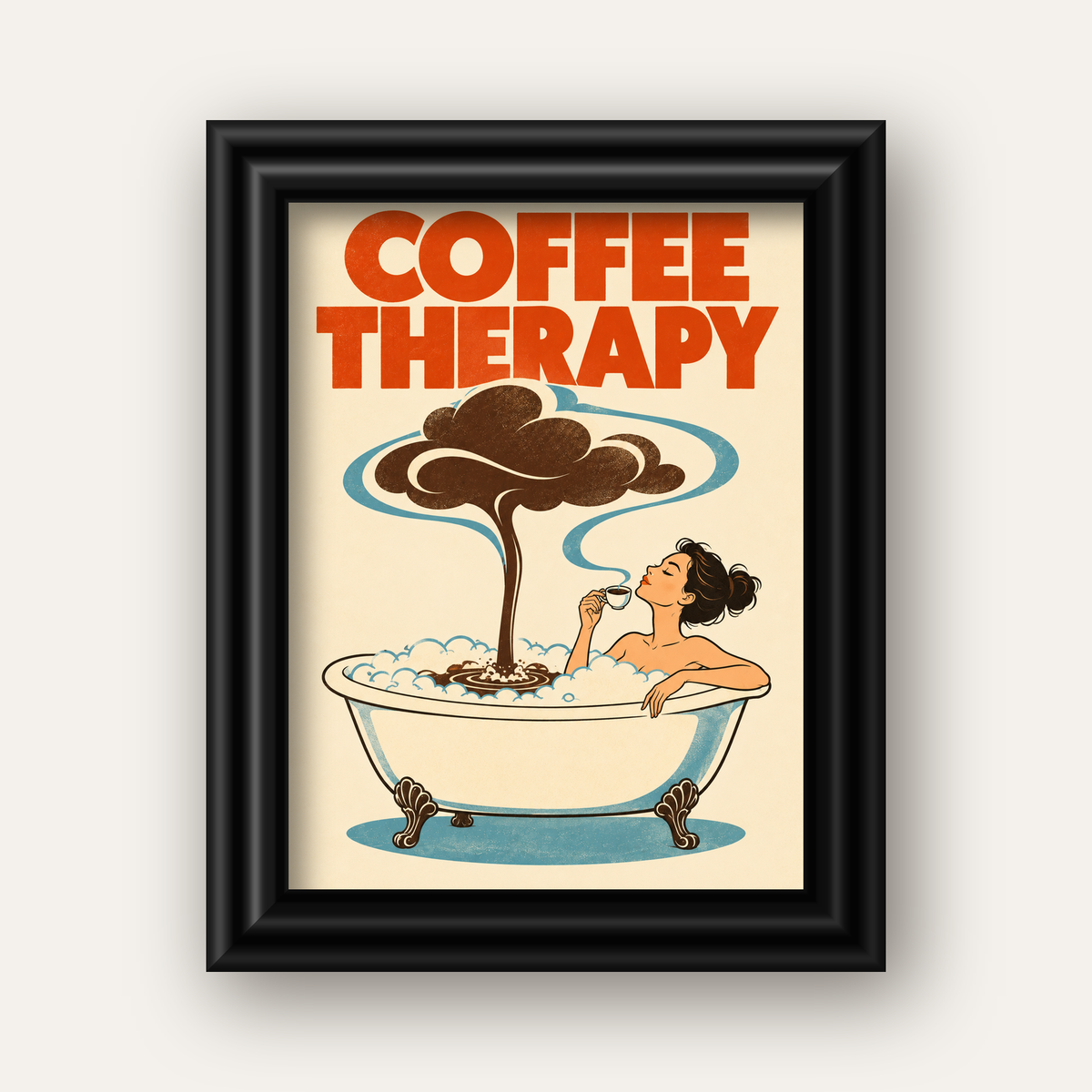Coffee Therapy Küvette Kahve Keyfi Retro Poster — siyah galeri çerçeveli