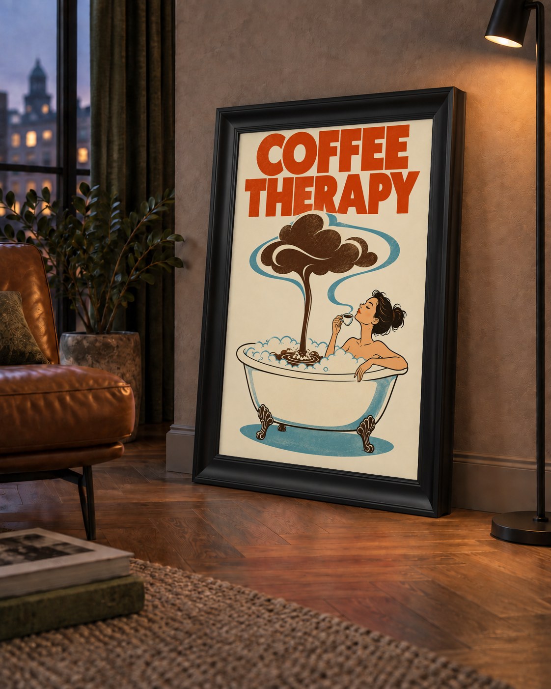 Coffee Therapy Küvette Kahve Keyfi Retro Poster — çerçeveli hâliyle bir ev duvarında
