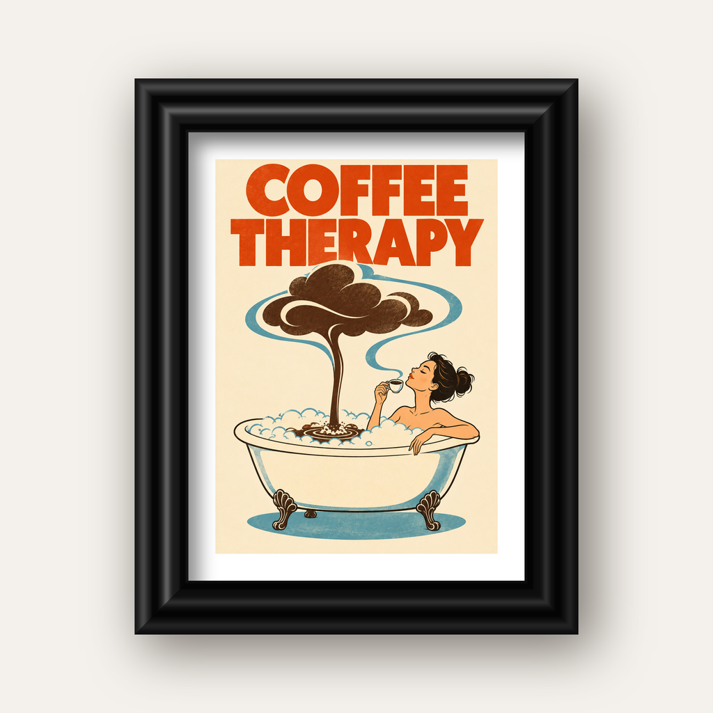 Coffee Therapy Küvette Kahve Keyfi Retro Poster — siyah galeri çerçeveli paspartulu