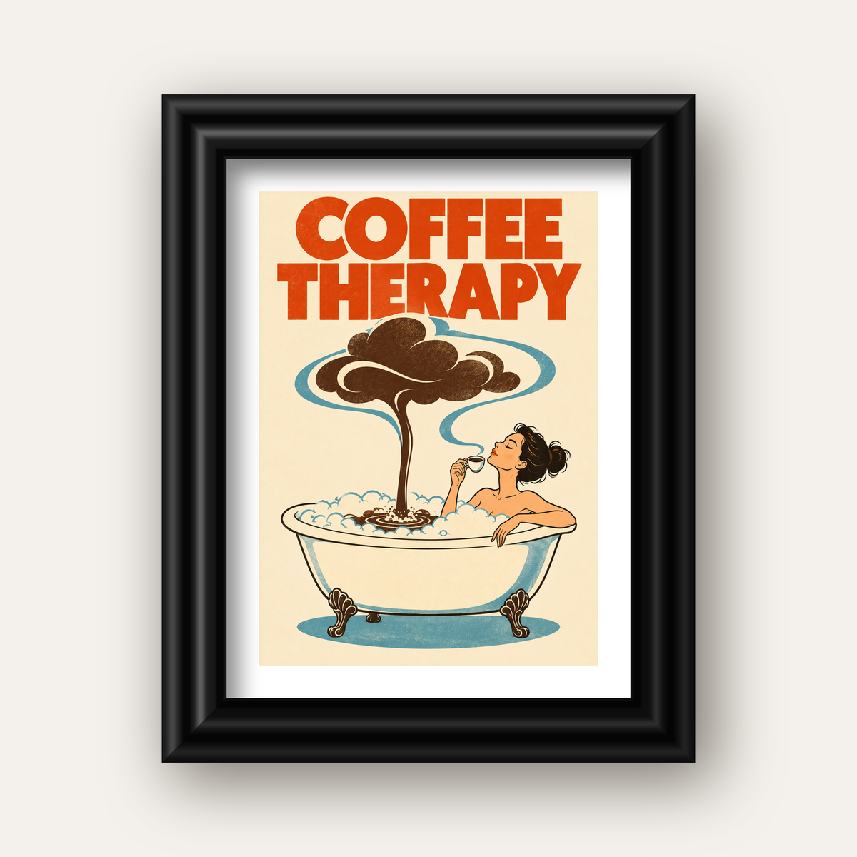 Coffee Therapy Küvette Kahve Keyfi Retro Poster — siyah galeri çerçeveli paspartulu