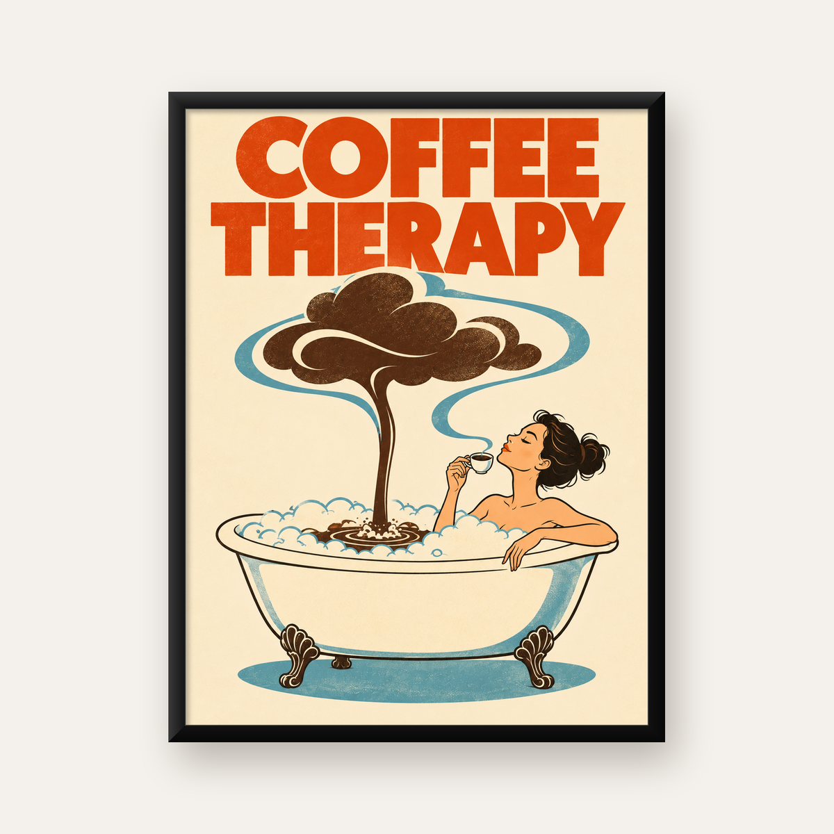 Coffee Therapy Retro Banyo & Kahve İllüstrasyon Poster — Dikey baskı, düz siyah çerçeveli duvar posteri
