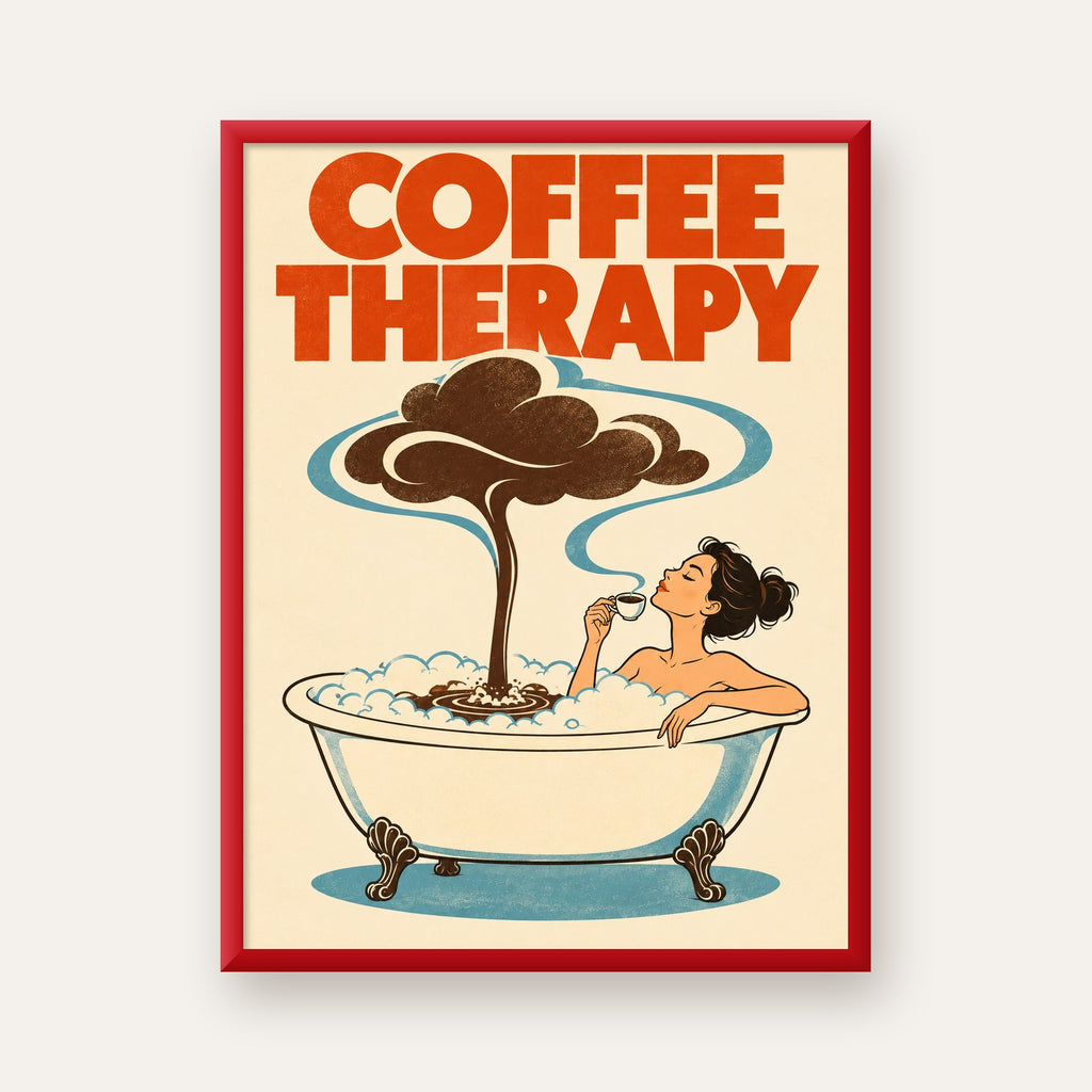 Coffee Therapy Küvette Kahve Keyfi Retro Poster — kırmızı çerçeveli