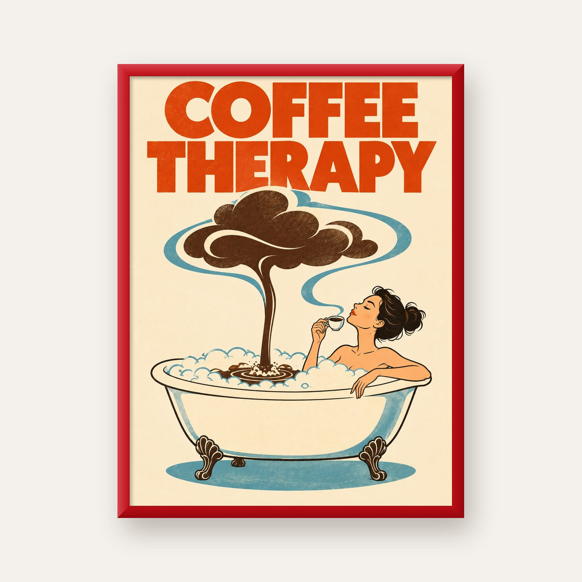 Coffee Therapy Küvette Kahve Keyfi Retro Poster — kırmızı çerçeveli
