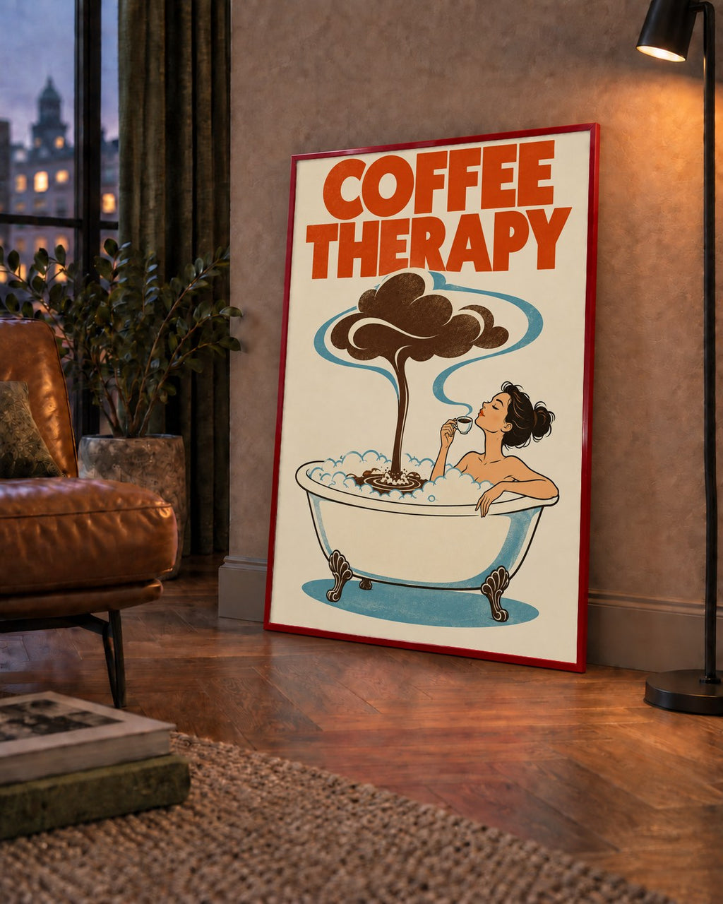 Coffee Therapy Küvette Kahve Keyfi Retro Poster — çerçeveli hâliyle bir ev duvarında