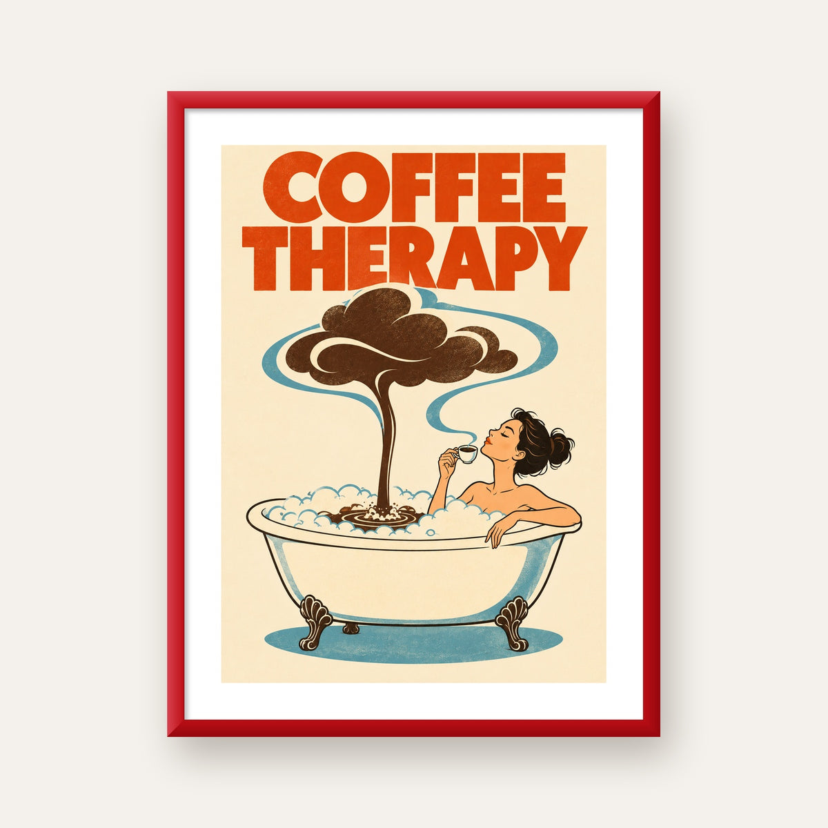 Coffee Therapy Küvette Kahve Keyfi Retro Poster — kırmızı çerçeveli paspartulu