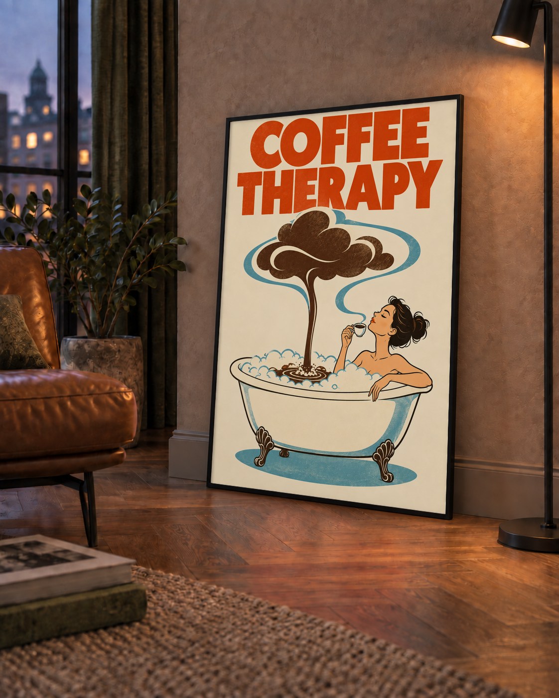 Coffee Therapy Küvette Kahve Keyfi Retro Poster — çerçeveli hâliyle bir ev duvarında