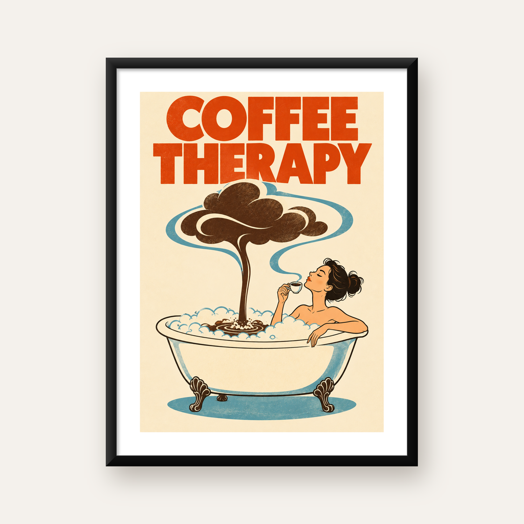 Coffee Therapy Retro Banyo & Kahve İllüstrasyon Poster — Dikey baskı, beyaz kenar boşluklu