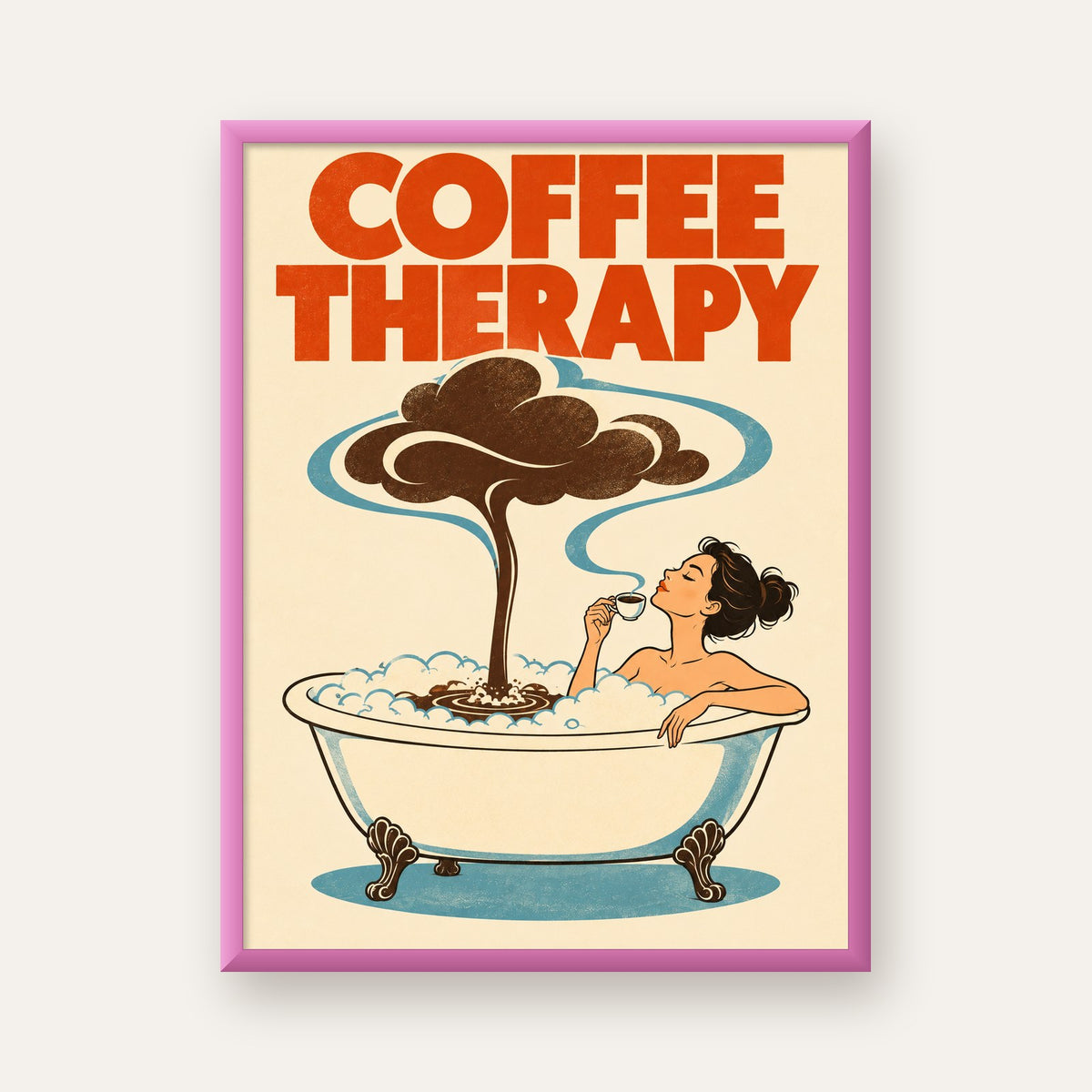 Coffee Therapy Küvette Kahve Keyfi Retro Poster — pembe çerçeveli