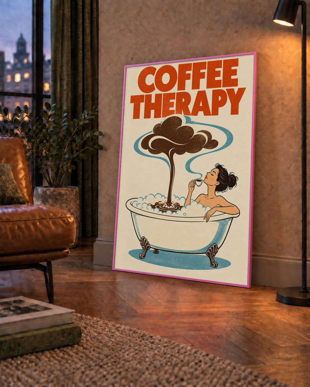 Coffee Therapy Küvette Kahve Keyfi Retro Poster — çerçeveli hâliyle bir ev duvarında