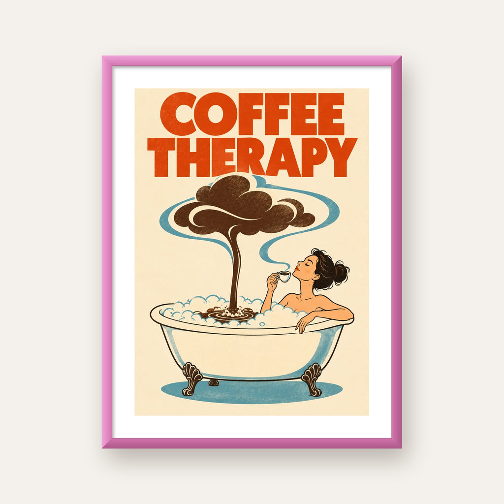 Coffee Therapy Küvette Kahve Keyfi Retro Poster — pembe çerçeveli paspartulu