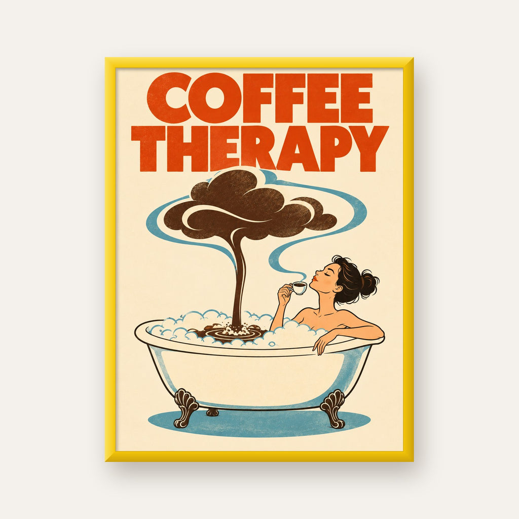 Coffee Therapy Küvette Kahve Keyfi Retro Poster — sarı çerçeveli
