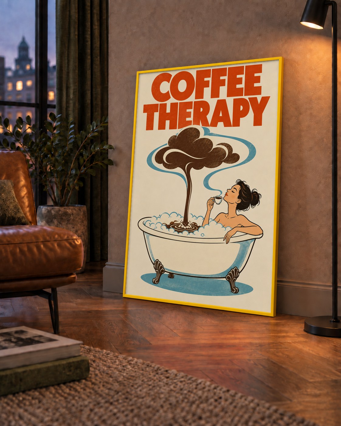 Coffee Therapy Küvette Kahve Keyfi Retro Poster — çerçeveli hâliyle bir ev duvarında