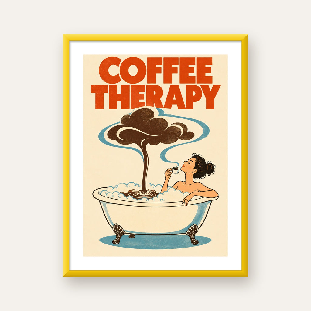 Coffee Therapy Küvette Kahve Keyfi Retro Poster — sarı çerçeveli paspartulu
