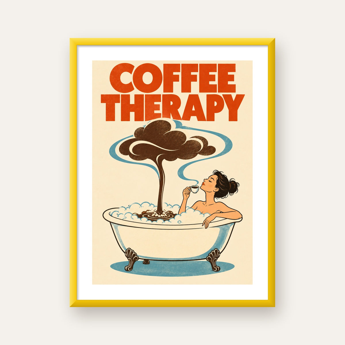 Coffee Therapy Küvette Kahve Keyfi Retro Poster — sarı çerçeveli paspartulu