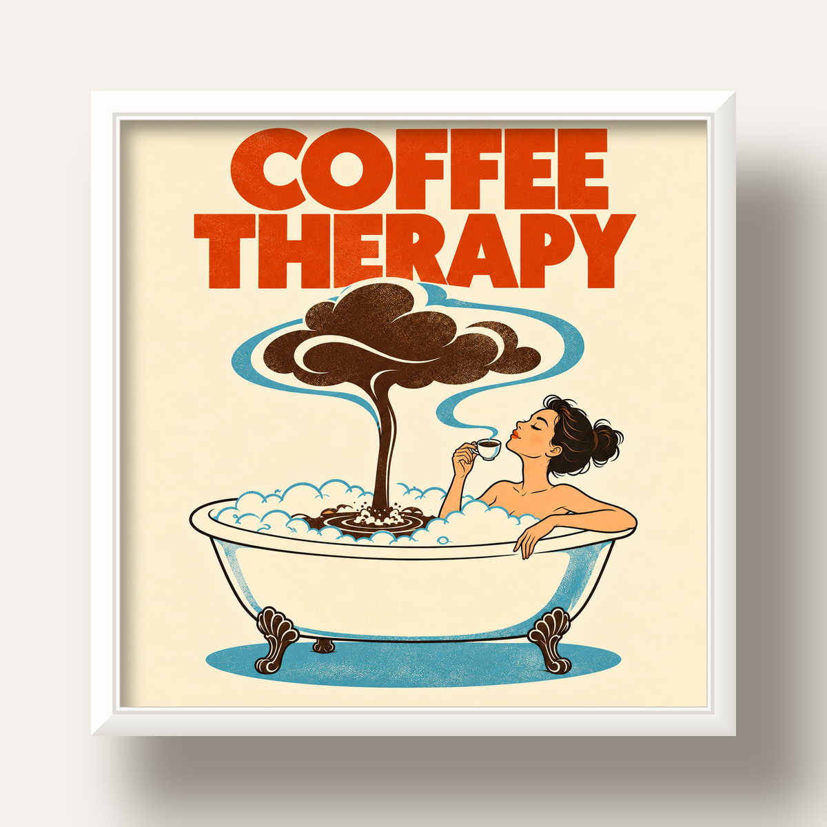 Coffee Therapy Küvette Kahve Keyfi Retro Poster — beyaz derin çerçeveli